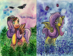 Size: 1437x1100 | Tagged: safe, artist:kannatc, fluttershy, bat, bat pony, butterfly, pegasus, pony, g4, day, duality, female, floral head wreath, flower, flutterbat, grass, mare, moon, night, outdoors, raised hoof, smiling, solo, split screen, spread wings, standing, traditional art, watercolor painting, wings