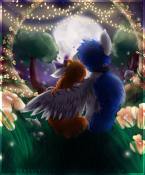Size: 1000x1200 | Tagged: safe, artist:serenity, oc, oc only, oc:scratche aux, oc:serenity, auxenity, constellation, fairy lights, feather, flower, heart, hug, night, oc x oc, romantic, shipping, speedpaint, speedpaint available, stars, valentine, valentine's day, winghug, wings
