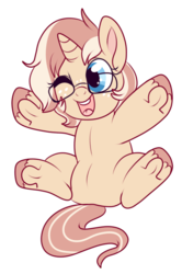 Size: 500x752 | Tagged: safe, artist:lulubell, oc, oc only, oc:lulubell, pony, unicorn, chubby, female, filly, freckles, glasses, solo, underhoof, younger