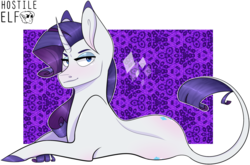 Size: 2367x1564 | Tagged: safe, artist:hostile-elf, rarity, classical unicorn, pony, unicorn, g4, abstract background, cloven hooves, elusive, femboy, horn, leonine tail, male, prone, rule 63, simple background, solo, transparent background, trap, unshorn fetlocks