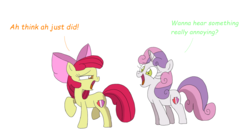 Size: 1849x1024 | Tagged: safe, artist:starlightflopple, apple bloom, sweetie belle, pony, g4, dialogue, duo, simple background, white background