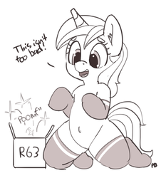 Size: 1280x1371 | Tagged: dead source, safe, artist:pabbley, shining armor, pony, g4, anatomically incorrect, belly button, box, clothes, dialogue, ear fluff, gleaming shield, grayscale, implied transgender transformation, incorrect leg anatomy, kneeling, monochrome, open mouth, rule 63, simple background, smiling, socks, socks edit, solo, white background