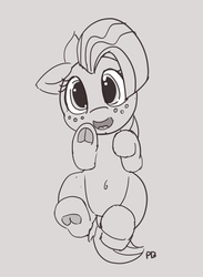 Size: 1280x1745 | Tagged: dead source, safe, artist:pabbley, babs seed, earth pony, pony, g4, 30 minute art challenge, belly button, cute, female, frog (hoof), grayscale, lineart, monochrome, on back, open mouth, simple background, solo, underhoof, weapons-grade cute