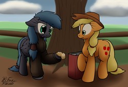 Size: 1280x868 | Tagged: safe, artist:the-furry-railfan, applejack, oc, oc:night strike, g4, brick joke, clothes, cloud, cowboy hat, dirt road, fence, gas can, hat, jacket, outdoors, soaked, stetson, surprised, tree