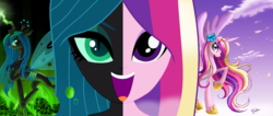 Size: 1024x435 | Tagged: safe, artist:xxalynnexx, princess cadance, queen chrysalis, alicorn, changeling, changeling queen, equestria girls, g4, disguise, disguised changeling, equestria girls-ified, fake cadance, female, this day aria