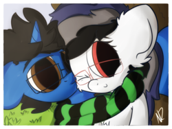 Size: 1600x1200 | Tagged: safe, artist:narmet, oc, oc only, earth pony, pony, unicorn, chest fluff, clothes, ear fluff, glasses, kissing, looking at you, no catchlights, one eye closed, scarf, shared clothing, shared scarf, wink