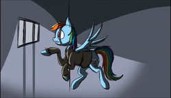Size: 1280x738 | Tagged: safe, artist:inkpotts, rainbow dash, pegasus, pony, the count of monte rainbow, g4, bars, clothes, female, floating, i will be there, jail, open mouth, prison, prisoner, rainbow dantes, solo, the count of monte cristo