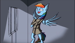 Size: 1280x738 | Tagged: safe, artist:inkpotts, screencap, rainbow dash, pegasus, pony, the count of monte rainbow, g4, bars, clothes, crossover, female, i will be there, jail, mare, prison, prisoner, rainbow dantes, solo, the count of monte cristo