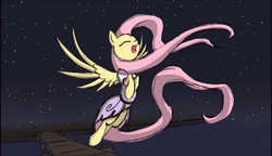 Size: 1280x738 | Tagged: safe, artist:inkpotts, fluttershy, pegasus, pony, the count of monte rainbow, g4, female, flying, i will be there, impossibly long hair, impossibly long tail, shycedes, solo, spread wings, the count of monte cristo