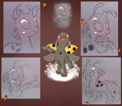 Size: 1968x1708 | Tagged: safe, artist:changelingtrash, artist:princess amity, oc, oc only, oc:bug noises, changeling, ladybug, ladybug changeling, antennae, book, changeling oc, collage, colt, dancing, fangs, heart, hearts and hooves day, jewelry, male, marching, mixed media, necklace, sad, simple background, sketch, smiling, solo