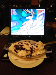 Size: 1224x1632 | Tagged: safe, artist:haden-2375, derpibooru exclusive, photographer:pulse wave, princess celestia, g4, banana split, bananalestia, chocolate, computer, dessert, food, ibm, ice cream, irl, laptop computer, lenovo, photo, thinkpad, waifu dinner