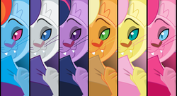 Size: 2363x1282 | Tagged: safe, artist:stjonal, applejack, capper dapperpaws, fluttershy, pinkie pie, rainbow dash, rarity, twilight sparkle, abyssinian, cat, anthro, g4, my little pony: the movie, abyssinianized, catified, male, mane six, palette swap, recolor, remix, species swap