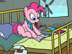 Size: 2400x1800 | Tagged: dead source, safe, artist:pony quarantine, pinkie pie, earth pony, pony, g4, bed, big eyes, blanket, book bag, candy, chips, clothes, eating, female, food, homework, magazine, pillow, procrastination, reading, reading is magic, rock farm, scarf, sitting, solo, teenager, twizzler, windmill
