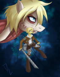 Size: 1177x1511 | Tagged: safe, artist:derpsonhooves, anthro, unguligrade anthro, anime, annie leonhardt, arm hooves, attack on titan, clothes, crossover, female titan, hoof hold, ponified, skirt, sword, weapon, wires