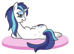 Size: 779x569 | Tagged: safe, artist:jargon scott, shining armor, pony, unicorn, g4, bedroom eyes, dimples of venus, dock, female, gleaming shield, looking at you, looking back, lying down, on side, open mouth, rule 63, simple background, smiling, solo, underhoof, wide hips