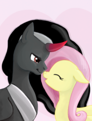 Size: 1173x1536 | Tagged: safe, anonymous artist, fluttershy, king sombra, alicorn, pegasus, pony, unicorn, g4, alicornified, boop, eyes closed, female, floppy ears, half r63 shipping, heart, lesbian, lidded eyes, mare, nose wrinkle, noseboop, open mouth, queen umbra, race swap, rule 63, ship:sombrashy, ship:umbrashy, shipping, smiling, sombracorn, umbracorn