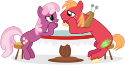 Size: 7650x4000 | Tagged: safe, artist:tomfraggle, big macintosh, cheerilee, earth pony, pony, g4, hearts and hooves day (episode), absurd resolution, hearts and hooves day, lidded eyes, male, ship:cheerimac, shipping, simple background, stallion, straight, table, transparent background, vector