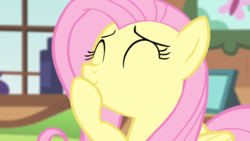 Size: 1366x768 | Tagged: safe, screencap, fluttershy, pegasus, pony, bats!, g4, close-up, cute, eyes closed, female, folded wings, giggling, hoof over mouth, mare, picture frame, shyabetes, smiling, solo, stifling laughter, window