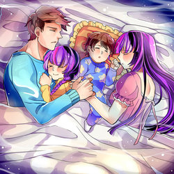 Size: 894x894 | Tagged: safe, artist:miriki-chi, twilight sparkle, oc, oc:ben parker sparkle, oc:mayday parker sparkle, human, g4, bed, bedsheets, benpeter, blushing, clothes, crossover, crossover shipping, cute, daughter, dress, family, father, father and daughter, father and son, female, holding hands, humanized, humanized oc, husband and wife, male, maydaypeter, mother, mother and daughter, mother and son, nightgown, offspring, pajamas, parent:peter parker, parent:twilight sparkle, parents:spidertwi, peter parker, pillow, shipping, sleeping, son, spider-man, spidertwi, straight