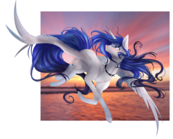 Size: 4417x3553 | Tagged: safe, artist:lunastyczna, oc, oc only, oc:chrysalis galaxy, alicorn, pony, alicorn oc, choker, female, flying, high res, looking back, mare, signature, solo, spiked choker, spread wings, sunset, windswept mane, wings