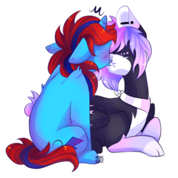 Size: 1700x1700 | Tagged: safe, artist:mentalphase, oc, oc only, pegasus, pony, unicorn, blushing, female, floppy ears, kissing, lip piercing, mare, nose piercing, piercing, simple background, transparent background