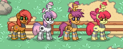 Size: 398x160 | Tagged: safe, apple bloom, babs seed, scootaloo, sweetie belle, pony, robot, robot pony, pony town, g4, apple bloom bot, bot seed, clothes, cutie mark crusaders, female, fence, plushie, scootabot, socks, striped socks, sweetie bot