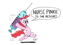 Size: 7023x5041 | Tagged: safe, artist:cartoon-eric, pinkie pie, earth pony, pony, g4, absurd resolution, bipedal, dialogue, female, giant syringe, hat, nurse hat, open mouth, run for your lives, running, simple background, smiling, solo, syringe, traditional art, underhoof, white background