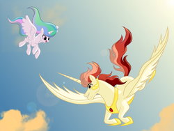Size: 1024x768 | Tagged: safe, artist:miesmauz, princess celestia, oc, oc:sol, alicorn, pony, g4, alicorn oc, cewestia, cute, father and daughter, filly, flying, younger