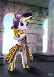 Size: 2079x2953 | Tagged: safe, artist:satv12, rarity, pony, semi-anthro, g4, armor, armorarity, backlighting, bipedal, female, high res, hoof hold, horn, horn jewelry, jewelry, solo, sword, tiara, weapon