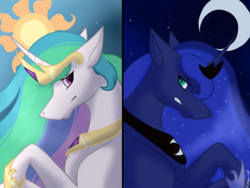 Size: 1600x1200 | Tagged: safe, artist:embertehwolf, princess celestia, princess luna, g4, frown, gritted teeth, royal sisters