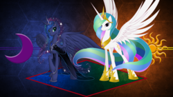 Size: 3840x2160 | Tagged: safe, artist:laszlvfx, artist:nemesis360, edit, princess celestia, princess luna, alicorn, pony, g4, clothes, colored, concave belly, crown, dress, duo, ethereal mane, ethereal tail, female, height difference, high res, hoof shoes, horn, jewelry, large wings, long horn, long mane, long tail, mare, peytral, princess shoes, quadrupedal, raised hoof, regalia, royal sisters, slender, spread wings, standing, starry mane, starry tail, tail, tall, thin, wallpaper, wallpaper edit, windswept mane, windswept tail, wings