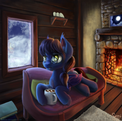 Size: 2000x1982 | Tagged: safe, artist:nemo2d, oc, oc only, oc:gnell kirith, bat pony, pony, cabin, chocolate, cold, commission, cottagecore, fireplace, food, full moon, glasses, hot chocolate, male, moon, prone, slit pupils, solo