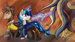 Size: 1024x576 | Tagged: safe, artist:animechristy, oc, oc only, pony, unicorn, borderlands, clothes, commission, crossover, duo, glowing horn, gun, handsome jack, horn, magic, ponified, weapon