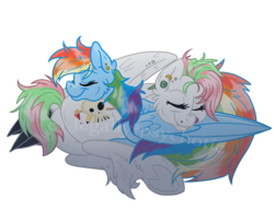 Size: 1500x1200 | Tagged: safe, artist:cranberry--zombie, rainbow dash, oc, oc:stained glass, pegasus, pony, g4, canon x oc, ear piercing, female, lesbian, mare, nose piercing, piercing, pony pillow, shipping, sleeping, unshorn fetlocks, watermark