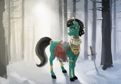 Size: 1555x1080 | Tagged: safe, artist:hardbrony, earth pony, pony, barbarian, clothes, crossover, female, forest, maneha, mare, pillars of eternity, ponified, smiling, snow, solo, sun, sunlight, sword, weapon