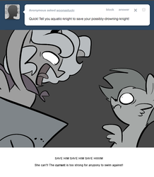 Size: 666x763 | Tagged: safe, artist:egophiliac, princess luna, oc, oc:danger mcsteele, sea pony, moonstuck, g4, cartographer's hat-boat, filly, grayscale, marauder's mantle, monochrome, nose wrinkle, screaming, scrunchy face, tumblr, tumblr comic, woona, woonoggles, younger