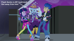 Size: 1280x714 | Tagged: artist needed, safe, edit, flash sentry, trixie, twilight sparkle, equestria girls, g4, my little pony equestria girls: rainbow rocks, boots, clothes, dialogue, female, hat, high heels, male, sentrixie, shipping, shipping denied, shoes, sneakers, straight, trixie's hat