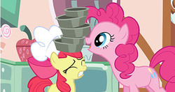 Size: 437x230 | Tagged: safe, screencap, apple bloom, pinkie pie, earth pony, pony, call of the cutie, g4, my little pony: friendship is magic, official, chef's hat, hat