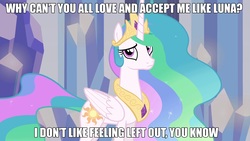 Size: 1920x1080 | Tagged: safe, edit, edited screencap, screencap, princess celestia, pony, g4, celestia defence, female, image macro, meme, meta, op has a point, sad, solo, text