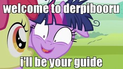 Size: 993x557 | Tagged: safe, edit, edited screencap, screencap, apple bloom, twilight sparkle, derpibooru, g4, lesson zero, faic, floppy ears, image macro, meme, meta, stranger danger, twilight snapple