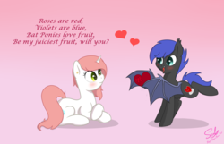 Size: 2800x1800 | Tagged: safe, artist:soulfulmirror, oc, oc only, oc:liliana gemmare, oc:nebula wings, bat pony, pony, unicorn, blushing, box of chocolates, duo, female, gradient background, heart, lesbian, mare, oc x oc, poem, prone, shipping, wing hands