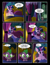 Size: 1275x1650 | Tagged: safe, artist:dsana, spike, twilight sparkle, alicorn, dragon, pony, comic:to look after, g4, bed, book, comic, reading, twilight sparkle (alicorn), twilight's castle