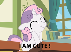Size: 5000x3697 | Tagged: safe, screencap, sweetie belle, pony, unicorn, g4, ponyville confidential, absurd resolution, captain obvious, cute, desk, diasweetes, eyes closed, female, filly, floppy ears, i'm cute, image macro, meme, ponyville schoolhouse, smiling, solo