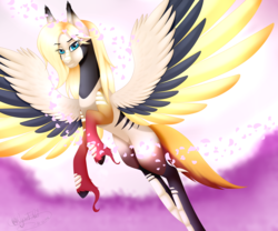 Size: 2400x2000 | Tagged: safe, artist:minelvi, original species, pony, doezeon, female, flying, high res, mare, mercy, overwatch, ponified, signature, solo, spread wings, unshorn fetlocks