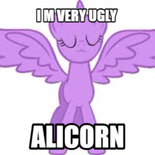 Size: 223x223 | Tagged: safe, twilight sparkle, alicorn, pony, g4, bald, eyes closed, female, frown, grammar error, image macro, mare, meme, opinion, simple background, solo, spread wings, twilight sparkle (alicorn), wat, white background