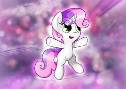 Size: 3508x2480 | Tagged: safe, artist:conniethecasanova, artist:flamevulture17, color edit, edit, sweetie belle, pony, unicorn, g4, colored, female, filly, high res, smiling, solo, wallpaper, wallpaper edit