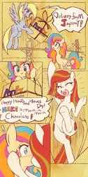 Size: 1628x3264 | Tagged: safe, artist:kolshica, derpy hooves, oc, oc:golden gates, oc:poniko, pegasus, pony, g4, babscon, blushing, comic, convention:japanponycon, female, golden gate bridge, heart, hearts and hooves day, japan ponycon, kissing, lesbian, mare, oc x oc, shipping, surprise kiss, surprised