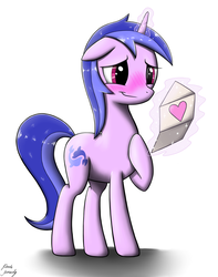 Size: 3000x3800 | Tagged: safe, artist:laffy372, sea swirl, seafoam, pony, g4, blushing, female, glowing horn, heart, high res, horn, magic, shadow, simple background, smiling, solo, telekinesis, valentine's day, valentine's day card, white background
