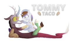 Size: 3840x2160 | Tagged: safe, artist:opticspectrum, discord, oc, oc:tommy taco, pony, unicorn, g4, boop, high res, holding a pony, simple background, transparent background