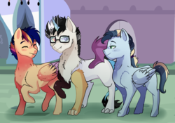 Size: 1024x716 | Tagged: safe, artist:hikariviny, oc, oc only, oc:chaotic, oc:charming heart, oc:starry gleam, draconequus, hybrid, pegasus, pony, interspecies offspring, male, offspring, parent:discord, parent:flash sentry, parent:princess cadance, parent:princess celestia, parent:shining armor, parent:twilight sparkle, parents:dislestia, parents:flashlight, parents:shiningcadance, stallion, walking